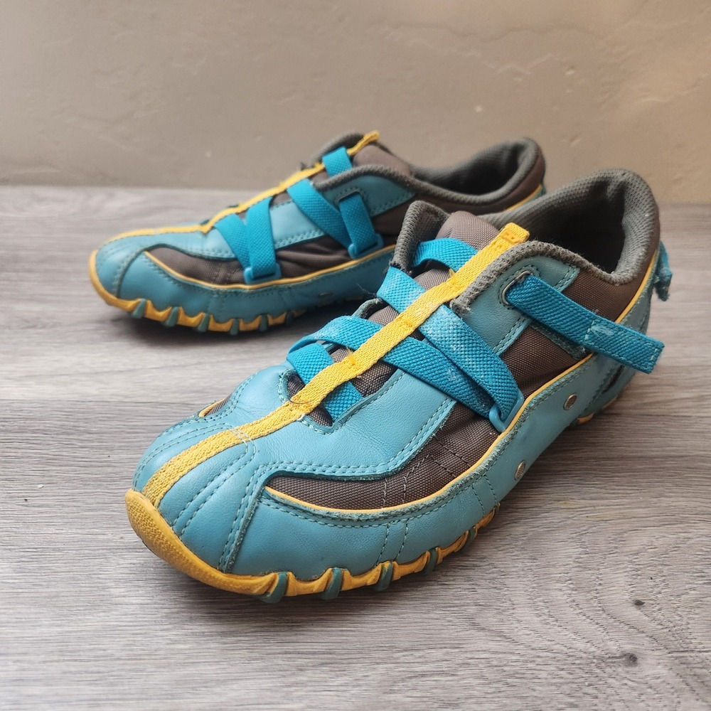 Vintage Diesel Explorer Blue Yellow Leather Shoes Size 4.5 Sneakers Y2K Low Top